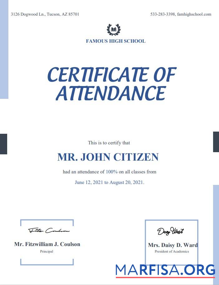 Printable USA Attendance Certificate template in Word and PDF format